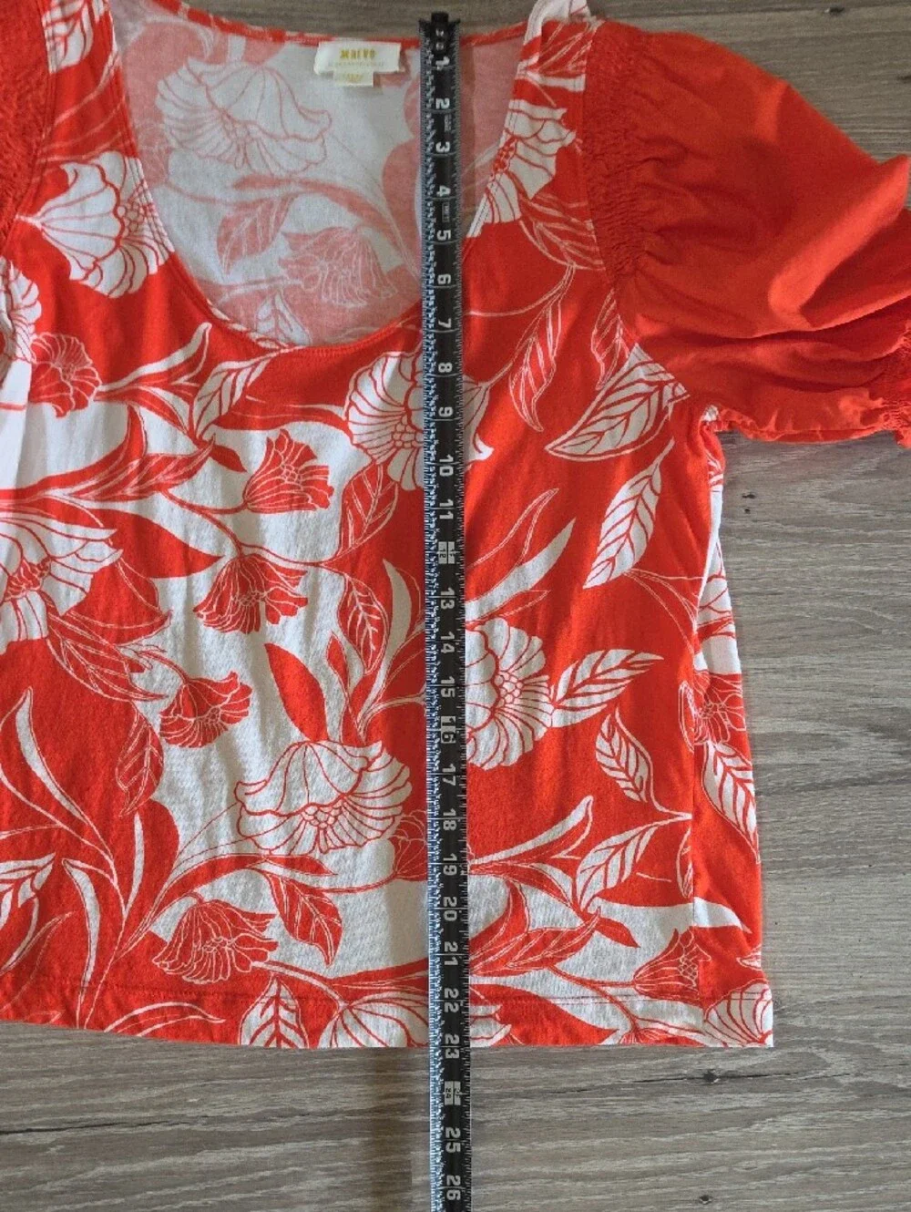 Anthropologie Maeve Red Orange & White Floral Scoop-Neck Puff Sleeve Top Size L